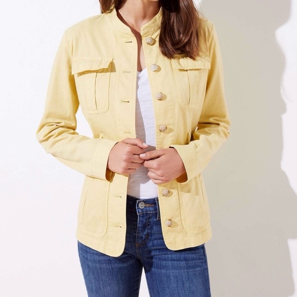 Loft Button Yellow Women's Utility Jacket Trench Coat Size Large Cotton Flaw - Picture 1 of 10